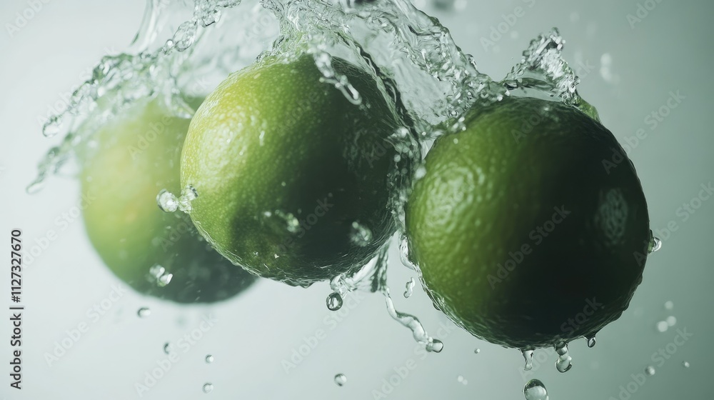 Aufkleber fresh limes splashing into crystal clear water creating dynamic droplets against a minimalistic whit