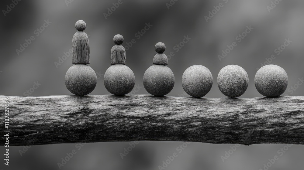 Poster human resources representation with wooden figures balancing on a log illustrating employment and ma