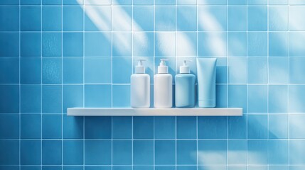A blue tile shower with a white shelf and shampoo containers