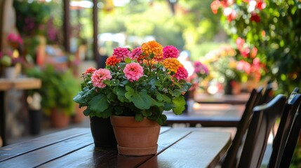 Obraz premium Outdoor cafÃ© terrace with colorful flower arrangements on wooden table perfect for summer events and wedding receptions with copy space