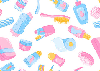 Pattern with hygiene objects. Washing, beauty, body care. Personal hygiene and self care items.