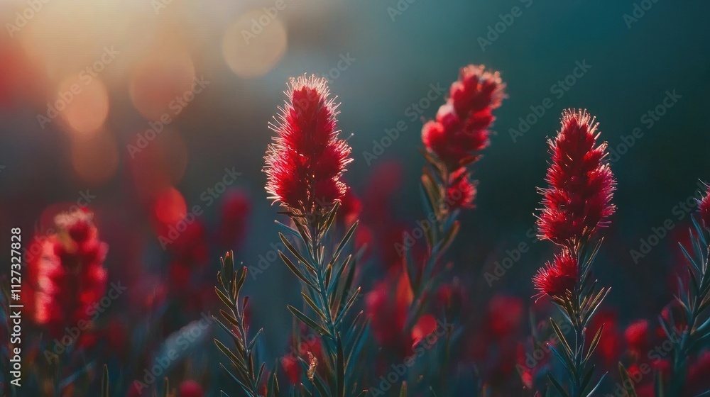 Poster vibrant close-up of red bottlebrush flowers illuminated by evening light with soft bokeh background 