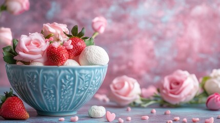 Spring strawberries in blue bowl surrounded by pink roses and meringues creating a fresh and romantic aesthetic for vibrant celebrations
