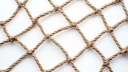 Natural rope fishing net texture on a white background ideal for marine or sports themes in advertising or design projects.