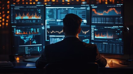 Business analytics and performance dashboard concept with professional investor analyzing data metrics in modern office setting at night