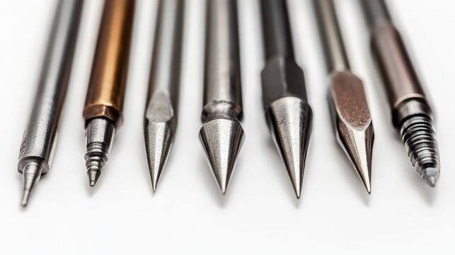 Variety of soldering iron tips arranged in triangular layout showcasing conical chisel bevel and knife designs on white background