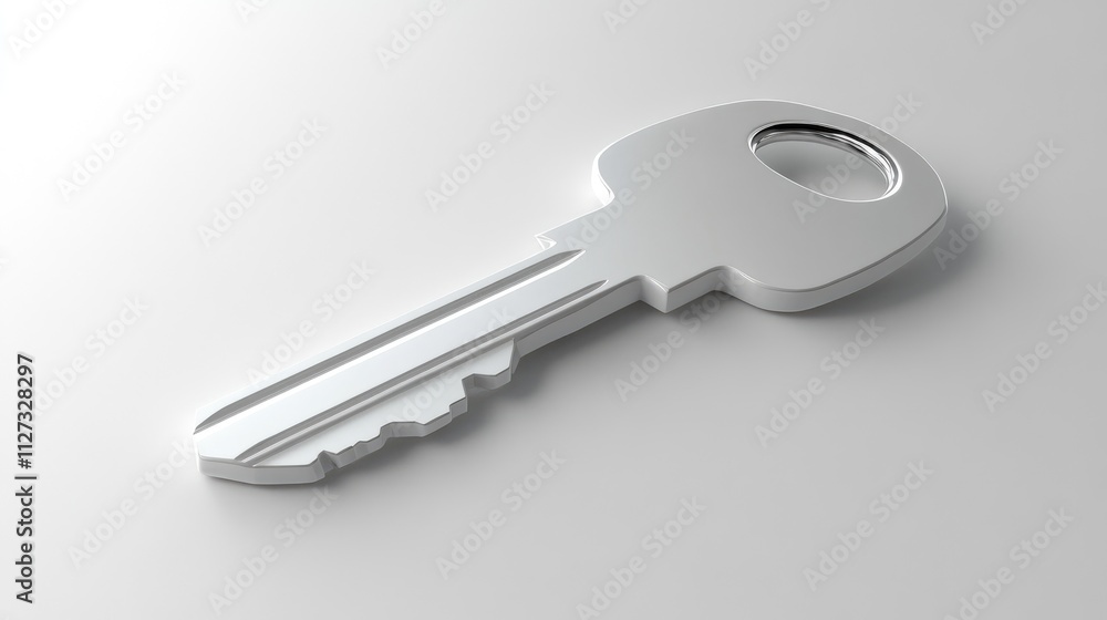 Poster Metallic key with sleek design positioned on a smooth surface reflecting light showcasing modernity and simplicity in everyday objects.