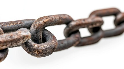 Obraz premium Rusty metal chain link close up isolated on white background showcasing texture and detail for industrial and design themes