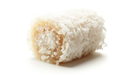 Coconut candy roll covered in shredded coconut on a clean white background showcasing a delicious confectionery treat.