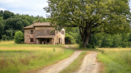 Italian countryside landscape featuring an old farmhouse along a dirt road shaded by a large tree surrounded by lush greenery.