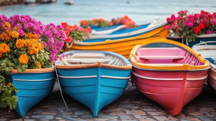 Obraz premium Vibrant fishing boats adorned with flowers resting on a serene beach background capturing coastal charm and tranquility