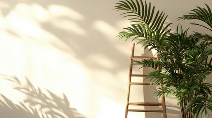 Indoor scene featuring lush exotic houseplants, decorative wooden ladder, and soft lighting creating serene shadows on a light wall.