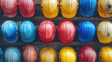 Colorful construction helmets arranged neatly on a rack showcasing safety gear for engineers and workers in a construction environment.