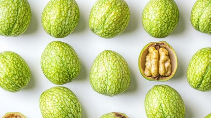 Unripe green walnuts with outer shells arranged on a white background showcasing their texture and distinctive appearance