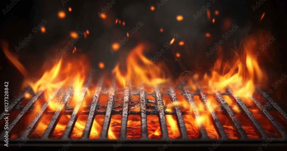 Aufkleber flaming empty grill on a black background generative ai