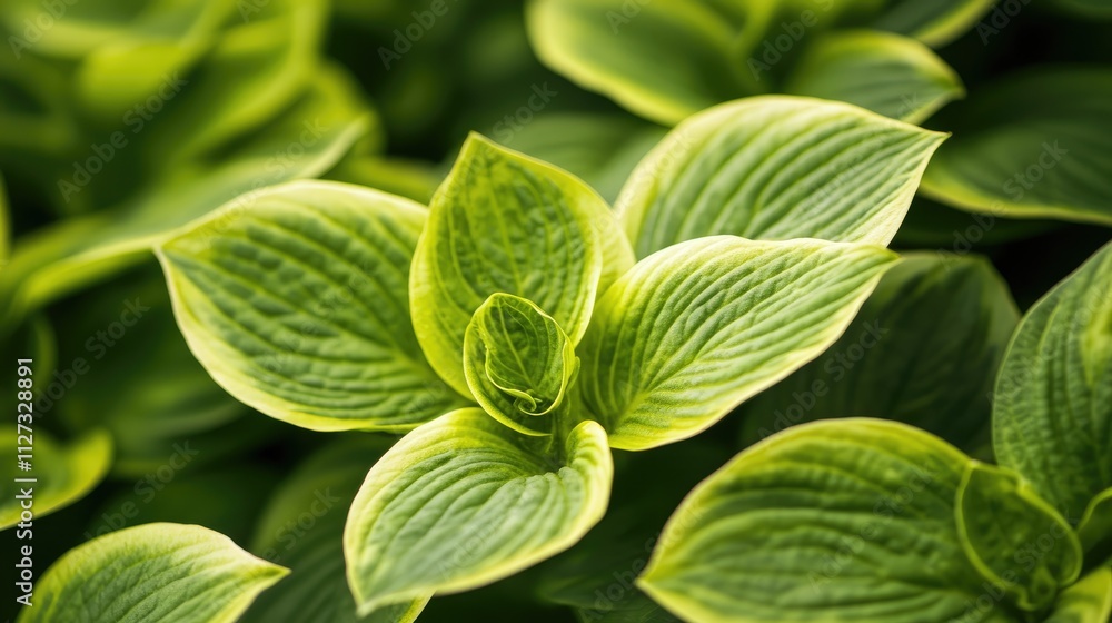 Poster Close up view of vibrant green flower leaves showcasing intricate textures and patterns in natural light. Perfect for botanical themes.