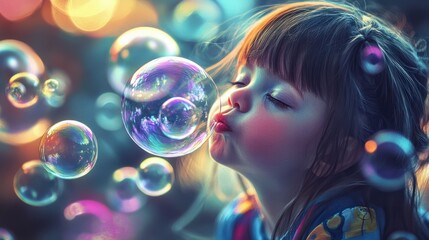 Naklejka premium A girl with Down syndrome blows bubbles. The daily life of a child with disabilities. Chromosomal genetic disorder in a child.