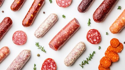 Assorted fresh sausages arranged creatively on a white background with herbs and spices for a culinary presentation or advertising use