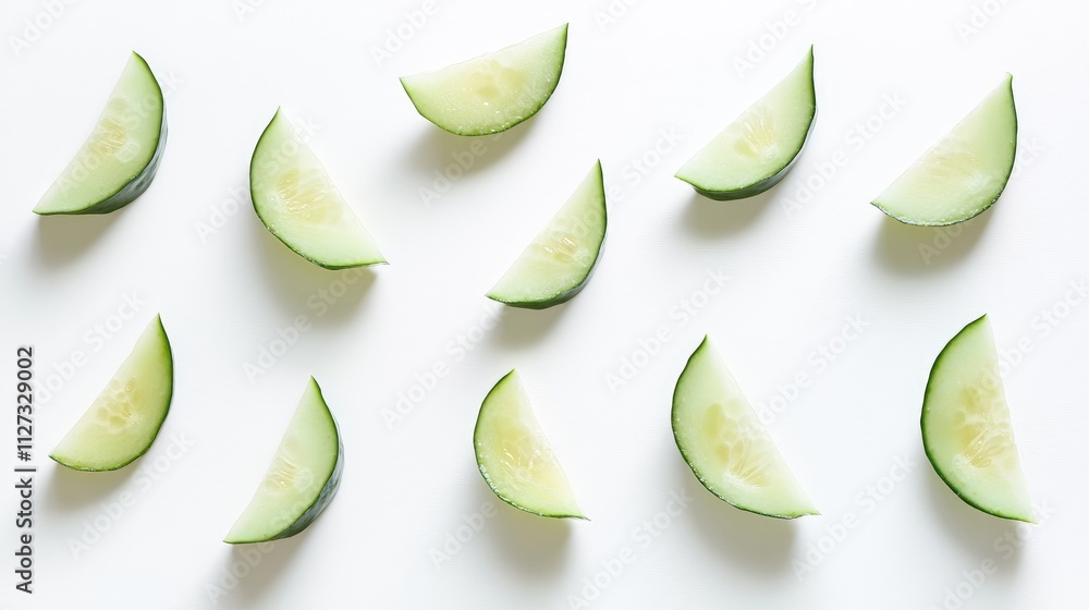 Poster cucumber wedges arranged neatly on a white background showcasing freshness and vibrant colors in a f
