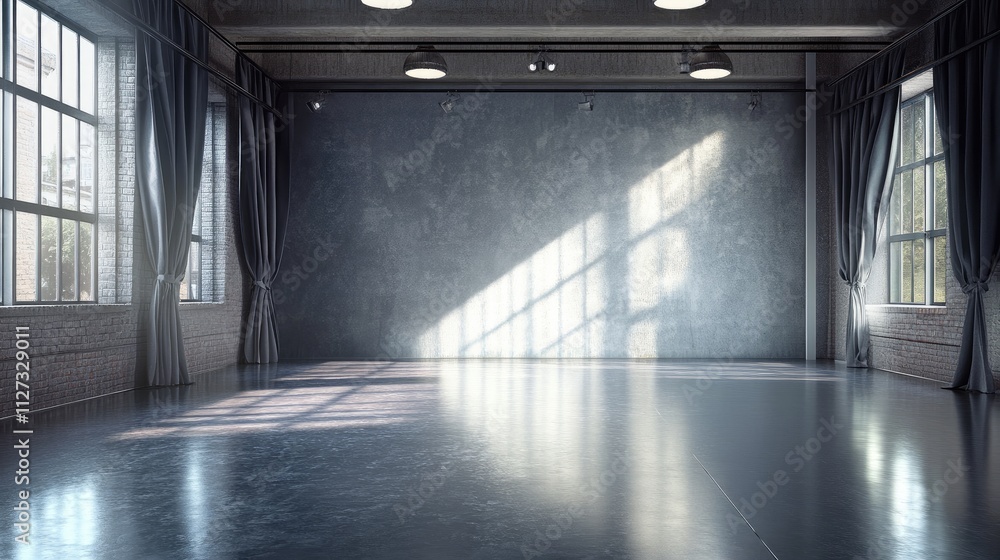 Poster spacious empty ballet studio with natural light casting shadows on the floor and elegant curtains ha