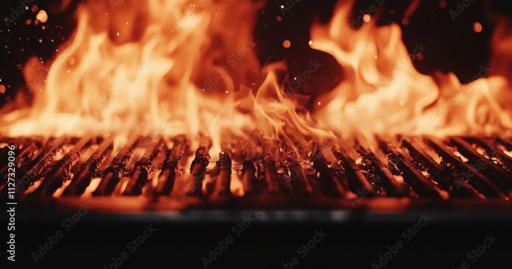 Poster close-up of an empty grill with flames, a fiery background, and a black background generative ai