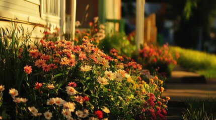 Obraz premium Vibrant flower garden blooming in front of a charming house during golden hour highlighting nature's beauty and curb appeal