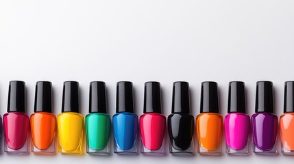 Obraz premium Colorful nail polish bottles arranged on a white background showcasing an array of vibrant shades for beauty and cosmetics industry.