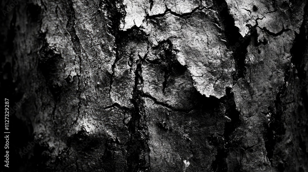 Poster textured dark bark with deep grooves and intricate patterns in a monochrome style perfect for nature
