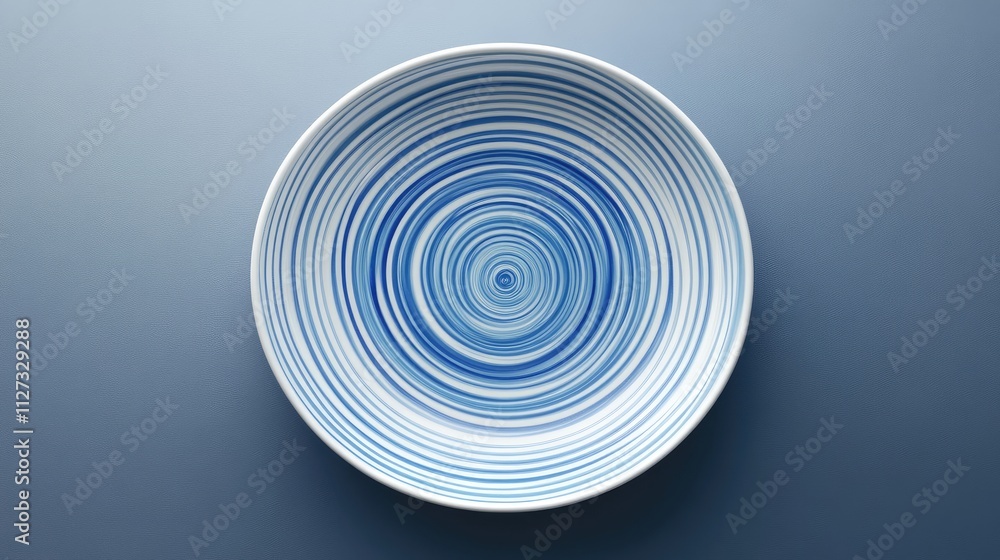Poster circular blue and white plate with concentric circular patterns on a solid background for modern tab