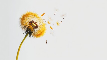 Obraz premium Yellow dandelion in bloom with seeds dispersing against a white background showcasing nature's beauty and delicate transformation
