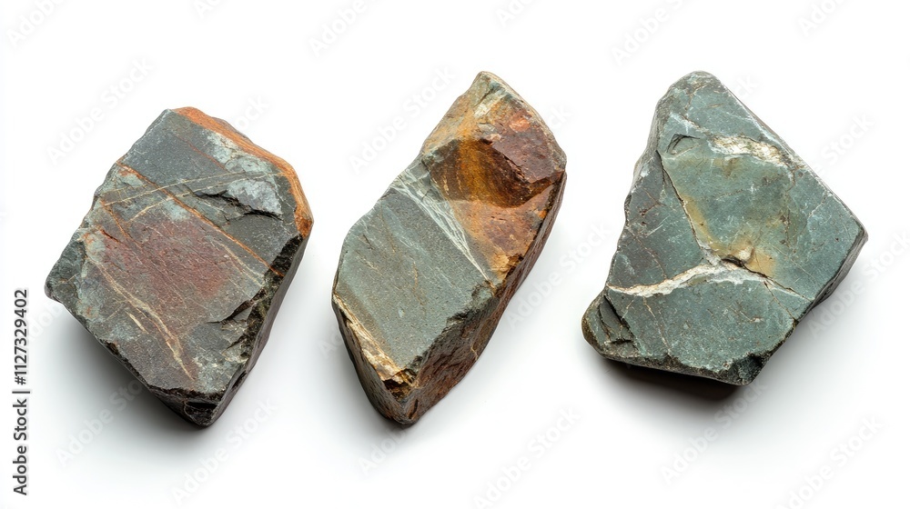 Poster natural stone fragments showcasing unique textures and colors arranged on a clean white background f