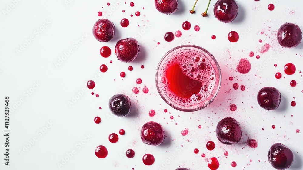Aufkleber fresh cherry juice and whole cherries scattered on a white surface with vibrant red juice splashes c