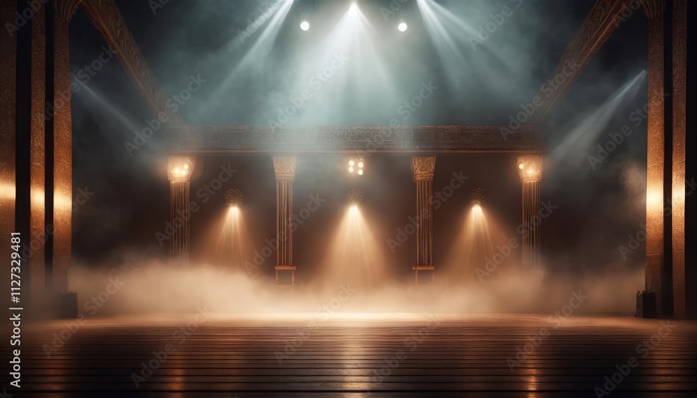 Poster immerse yourself in an ethereal world a dark stage transformed by enigmatic mist, fog, and shadows, 
