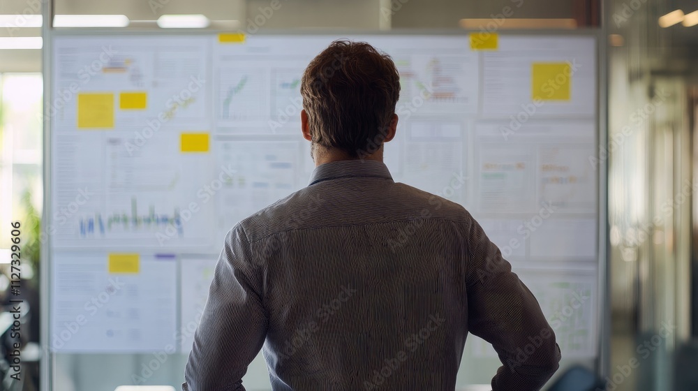 Poster business professional analyzing data charts and graphs on whiteboard during project planning session