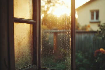 Condensation Covered Window Offering Cozy Autumn View from Inside the House