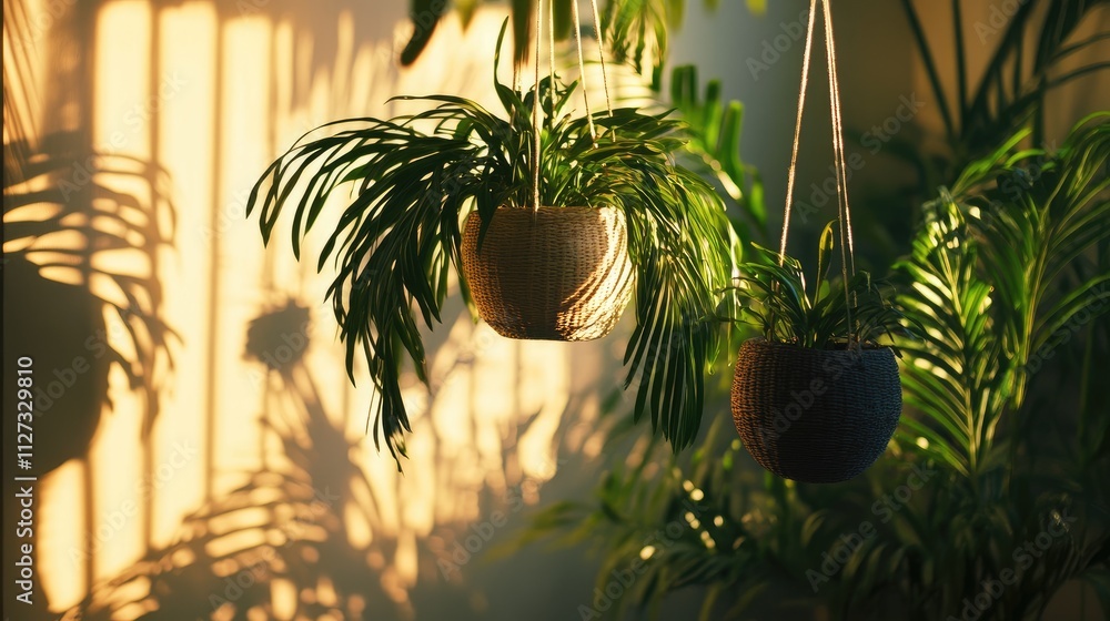 Poster hanging plants casting intricate shadows in warm afternoon light creating a serene and calming indoo