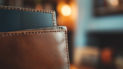 Leather wallet with computer tablet partially visible in close-up, showcasing premium craftsmanship and modern technology blend.
