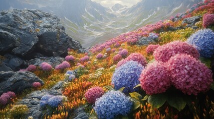 Naklejka premium Vibrant Blossoms in Mountain Valley with Colorful Flowers and Rocks