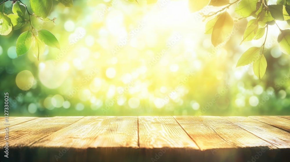 Poster sunlit wooden table in bright kitchen with bokeh effect and green leaves creating a tranquil and inv
