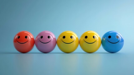 Customer satisfaction concept featuring colorful smiley faces and five-star rating system on a light blue background