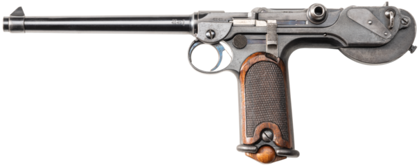 Studioaufnahme einer Borchardt C 93 DWM historischen Pistole Kurzwaffe auf freigestelltem transparentem Untergrund