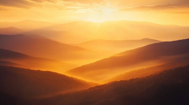 Golden hour light illuminating the rolling hills and valleys of Shenandoah National Park in Virginia during a tranquil sunset.