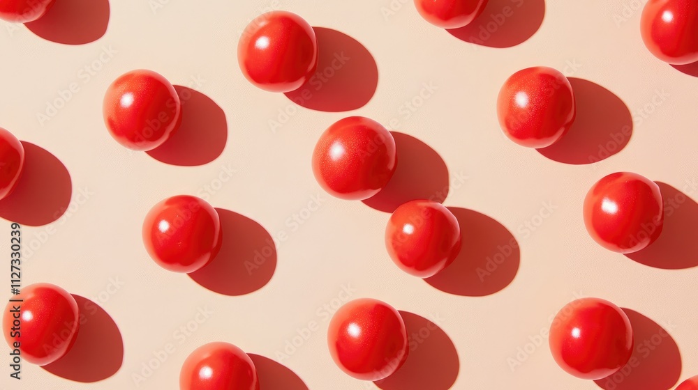 Poster shiny red spheres arranged in a grid on a light background casting shadows creating a vibrant abstra