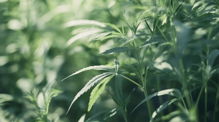 Close up of healthy marijuana plants growing in sunlight at an outdoor cannabis farm showcasing vibrant green leaves and lush vegetation