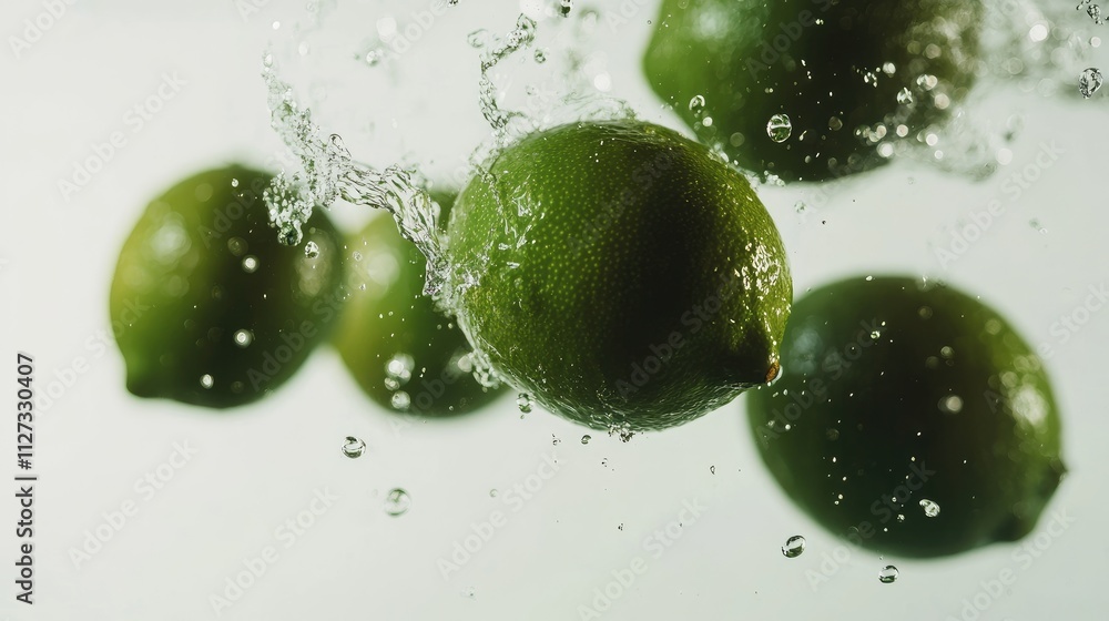 Aufkleber fresh limes splashing into clear water creating dynamic energy on a white background with vibrant co