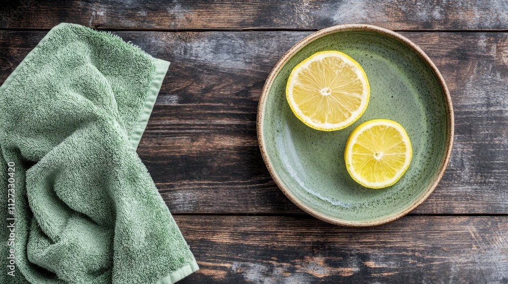 Poster empty plate with lemon slices and towel on rustic wooden table top view with ample copy space for cu