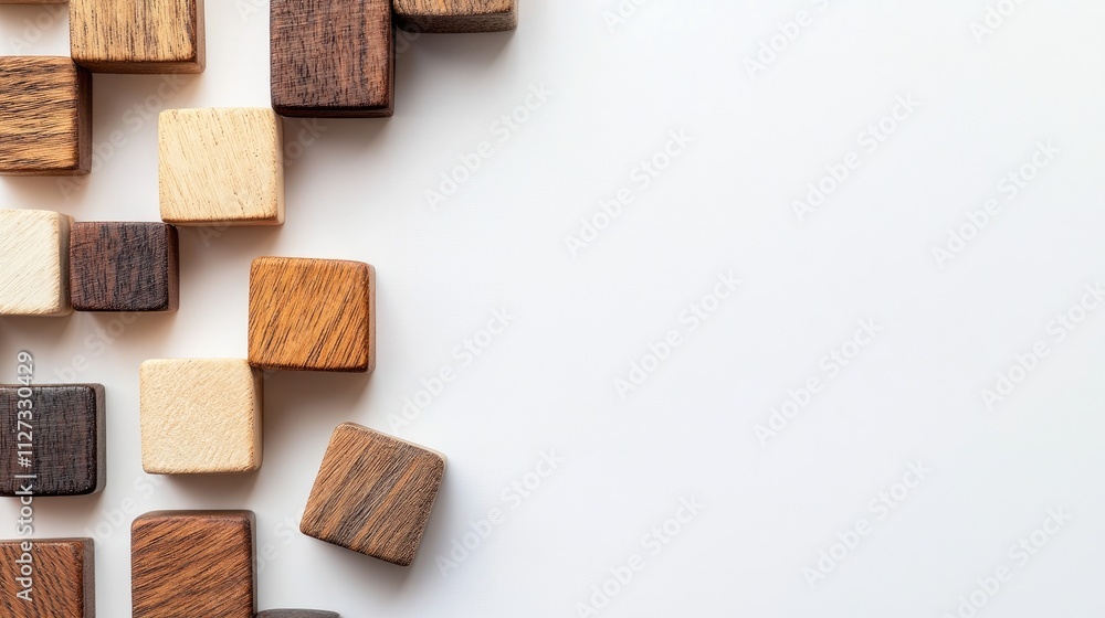 Poster wooden cubes arranged creatively on a white background with space for text or design concepts in a m