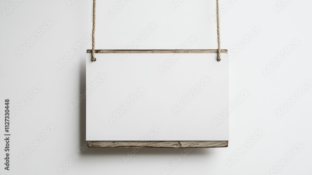Poster rustic wooden hanging sign with blank white surface suspended against a minimalistic light backgroun