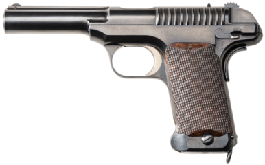 Studioaufnahme einer Savage Mod. 1907 historischen Pistole Kurzwaffe auf freigestelltem transparentem Untergrund