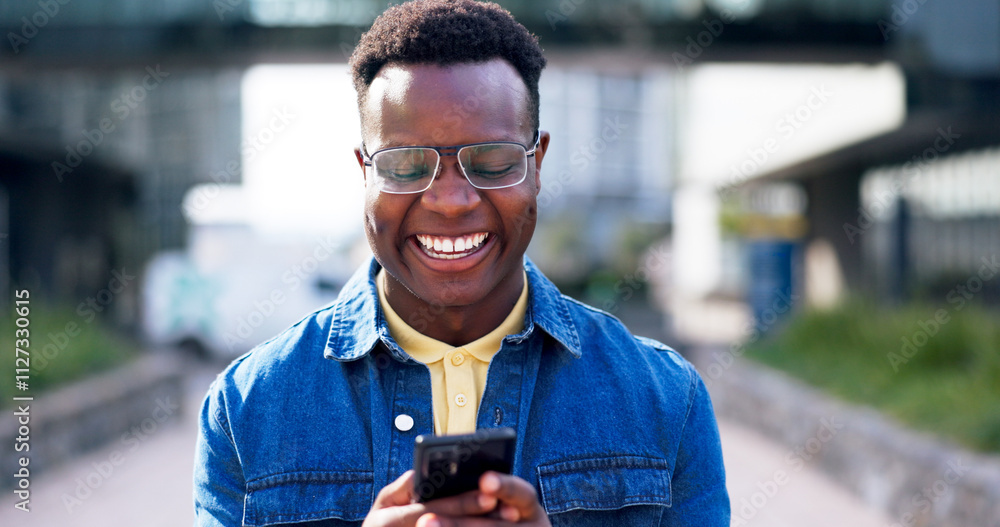 Poster Smile, phone and connection with black man in city for communication, social media post and networking app. Technology, internet and digital world with person and mobile for text message and contact